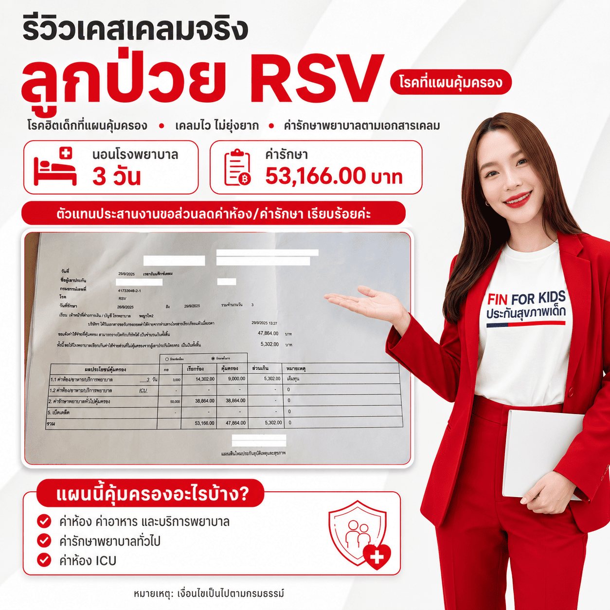 รีวิวเคสเคลมจริง ลูกป่วย RSV นอนโรงพยาบาล 3 วัน ค่ารักษา 53,166.00 บาท พร้อมภาพเอกสารเคลมที่ปิดข้อมูลส่วนบุคคล