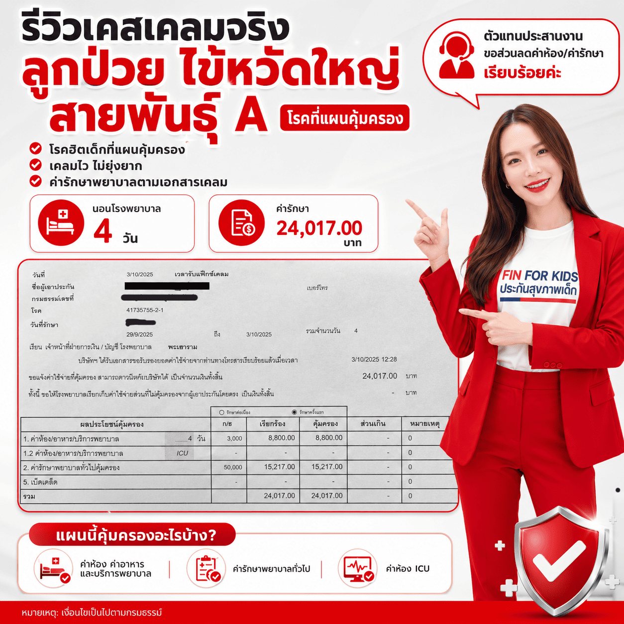 รีวิวเคสเคลมจริง ลูกป่วยไข้หวัดใหญ่ สายพันธุ์ A นอนโรงพยาบาล 4 วัน ค่ารักษา 24,017.00 บาท พร้อมภาพเอกสารเคลมที่ปิดข้อมูลส่วนบุคคล