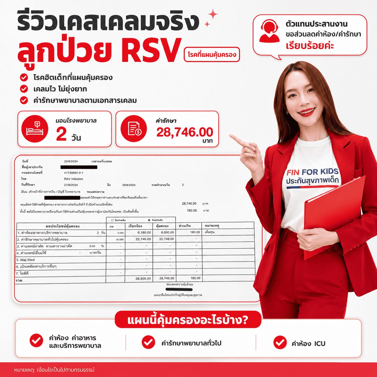 รีวิวเคสเคลมจริง ลูกป่วย RSV นอนโรงพยาบาล 2 วัน ค่ารักษา 28,746.00 บาท พร้อมภาพเอกสารเคลมที่ปิดข้อมูลส่วนบุคคล