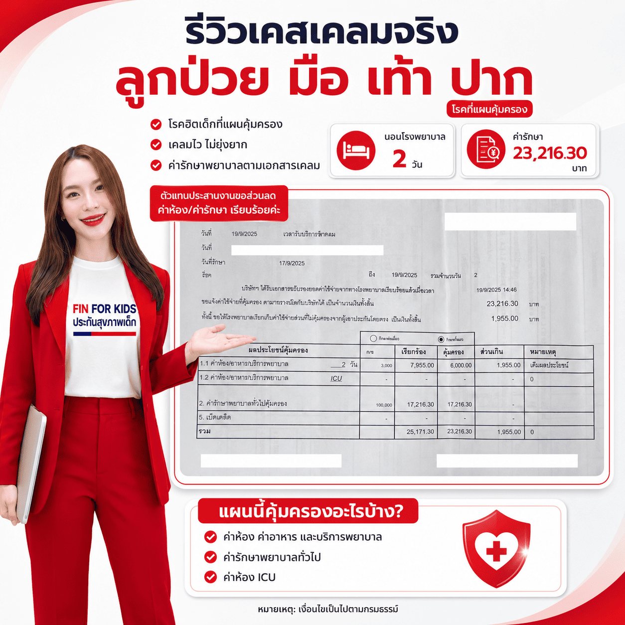 รีวิวเคสเคลมจริง ลูกป่วยมือ เท้า ปาก นอนโรงพยาบาล 2 วัน ค่ารักษา 23,216.30 บาท